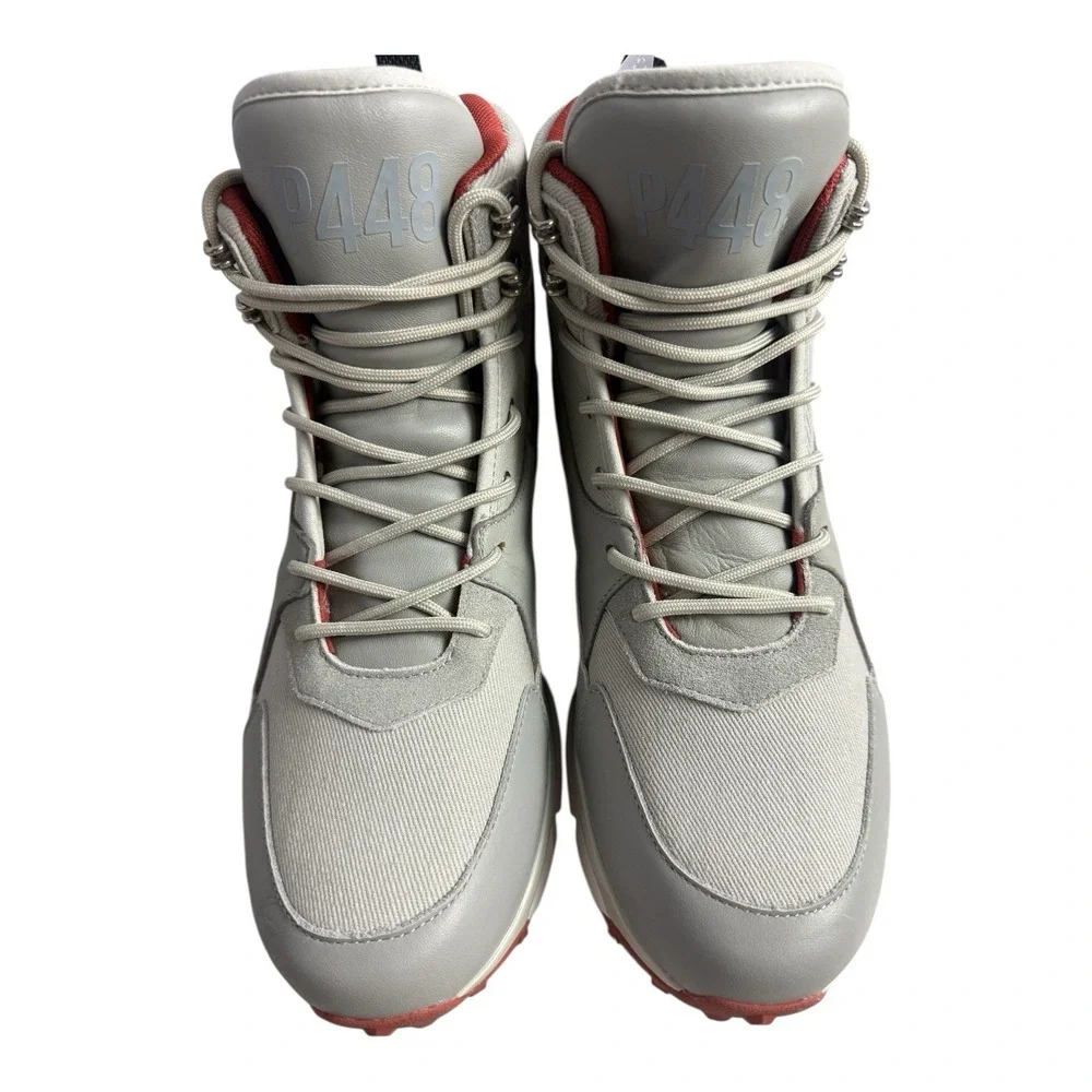 P448 Men's Ankle Boots Grey White Red Lace Up Logo Metal Eyelets EU 44 US‎ 11